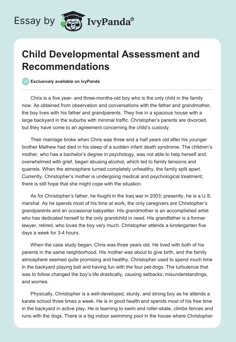 Child Developmental Assessment and Recommendations. Page 1