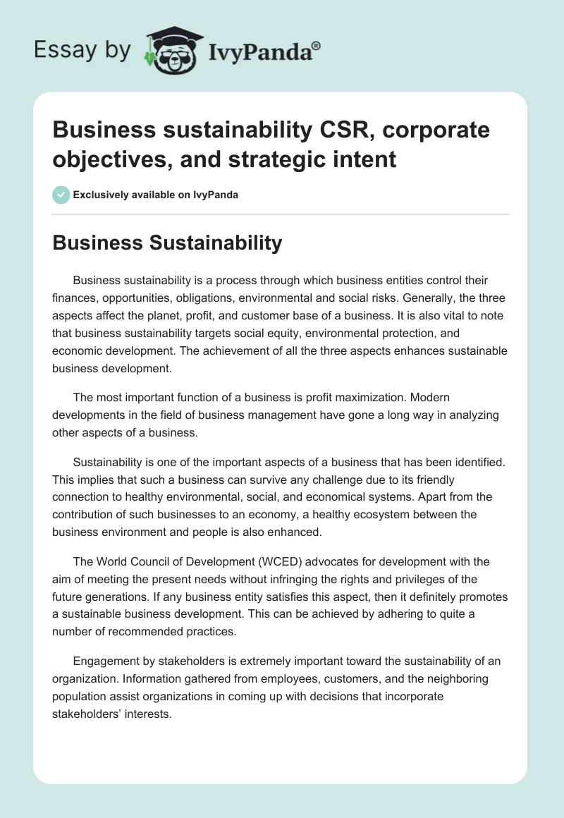 Business Sustainability CSR, Corporate Objectives, and Strategic Intent. Page 1
