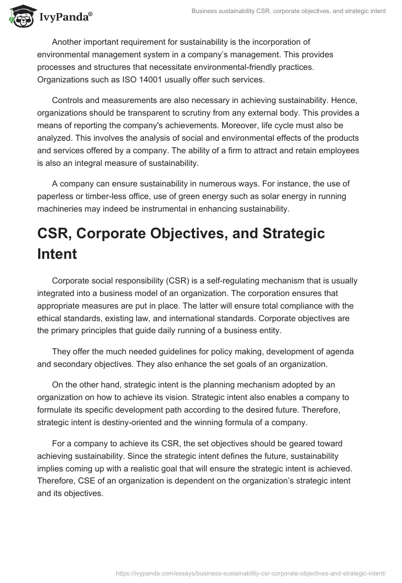Business Sustainability CSR, Corporate Objectives, and Strategic Intent. Page 2