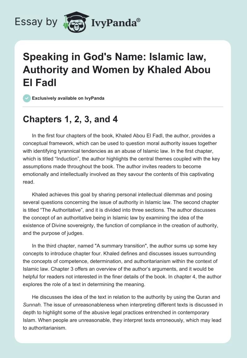 "Speaking in God's Name: Islamic law, Authority and Women" by Khaled Abou El Fadl. Page 1