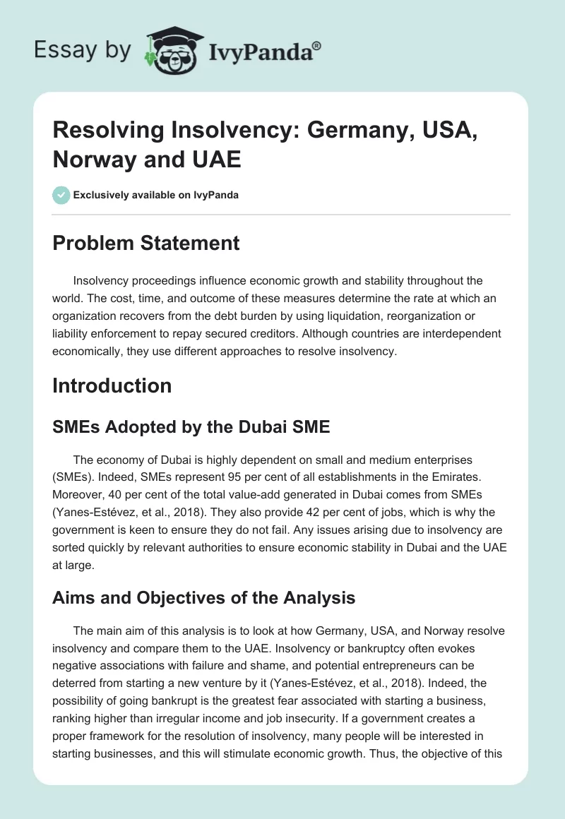Resolving Insolvency: Germany, USA, Norway and UAE. Page 1