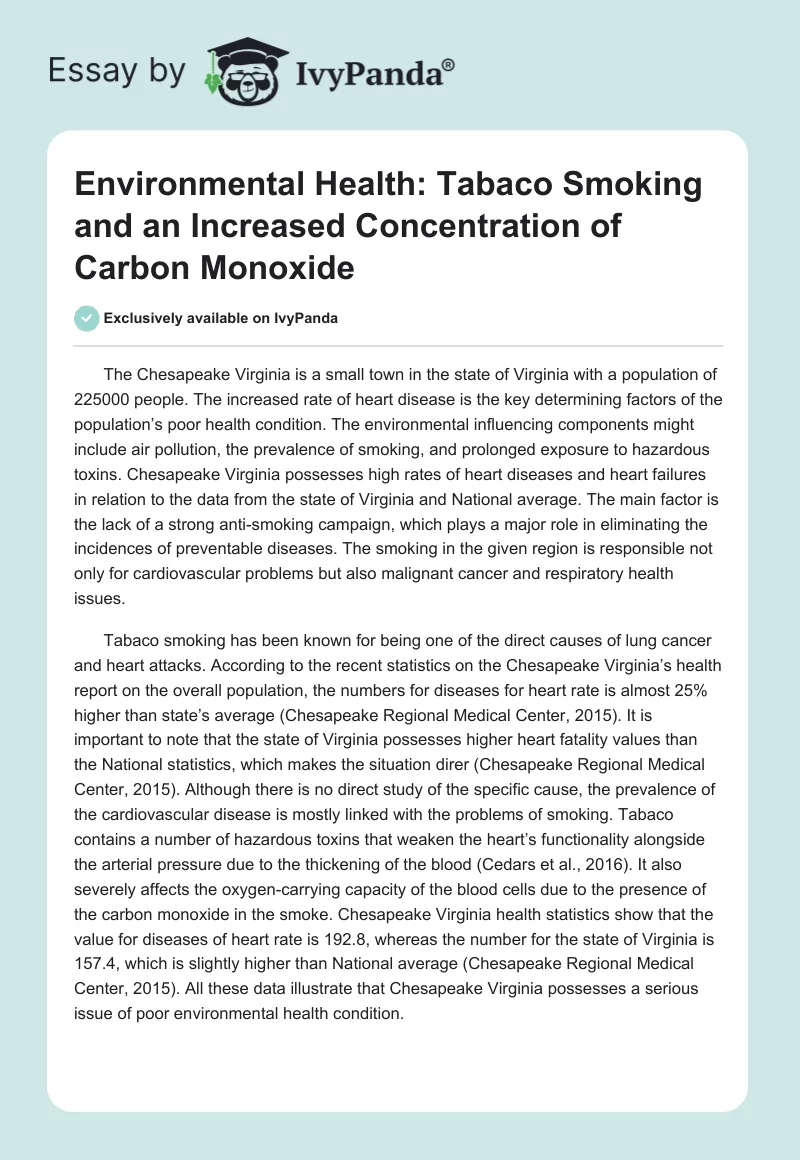 Environmental Health: Tabaco Smoking and an Increased Concentration of Carbon Monoxide. Page 1