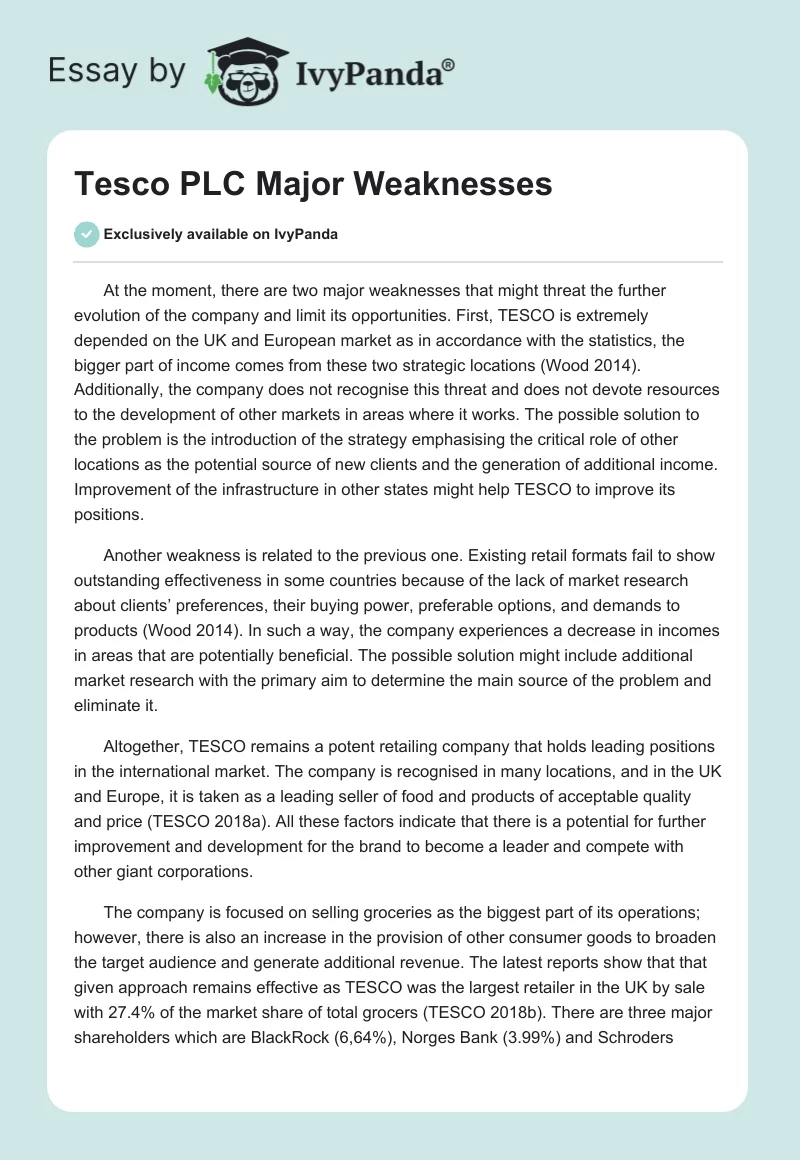 Tesco PLC Major Weaknesses. Page 1