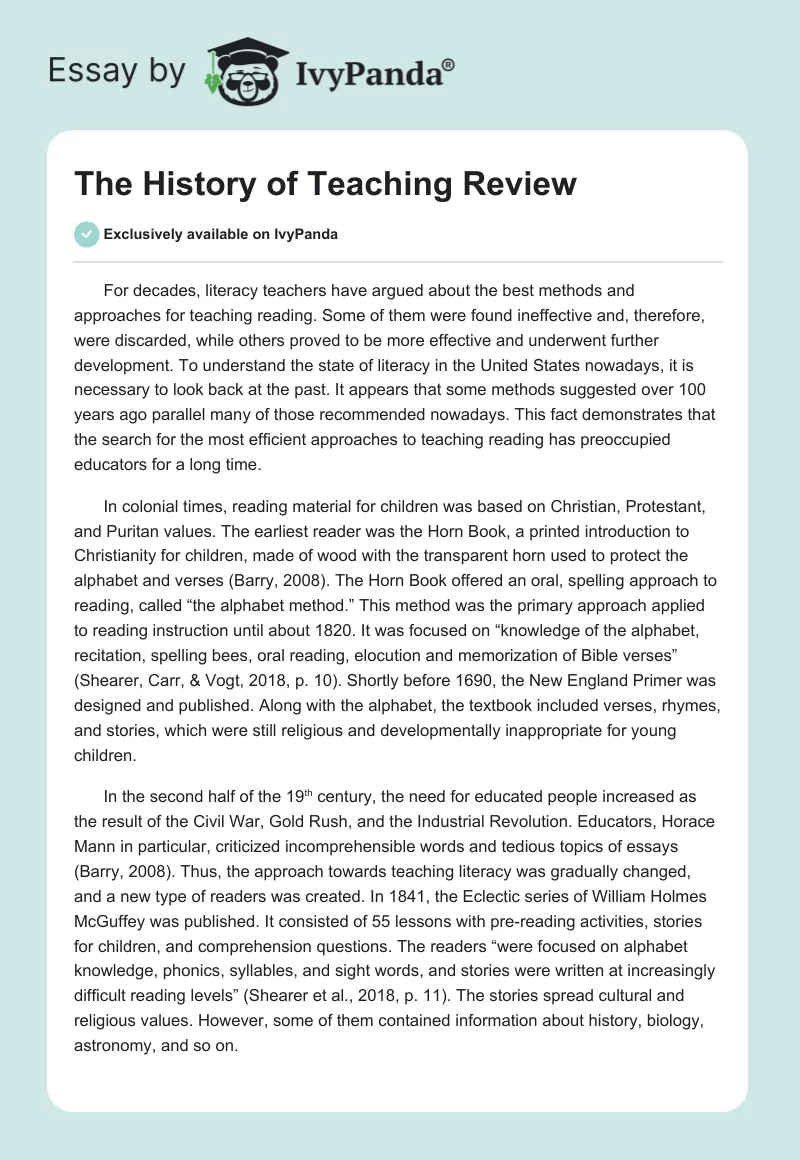 The History of Teaching Review. Page 1