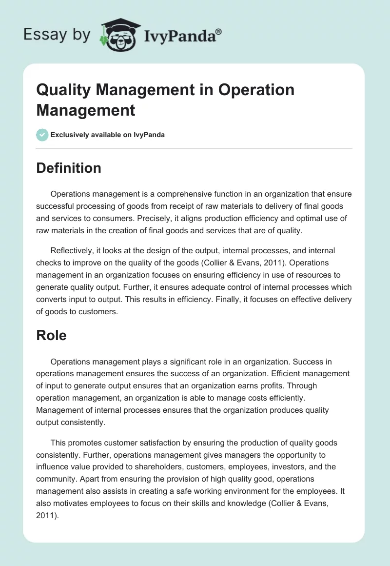 Quality Management in Operation Management. Page 1