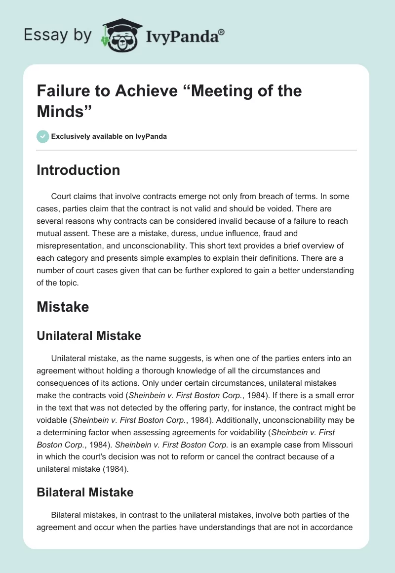 Failure to Achieve “Meeting of the Minds”. Page 1