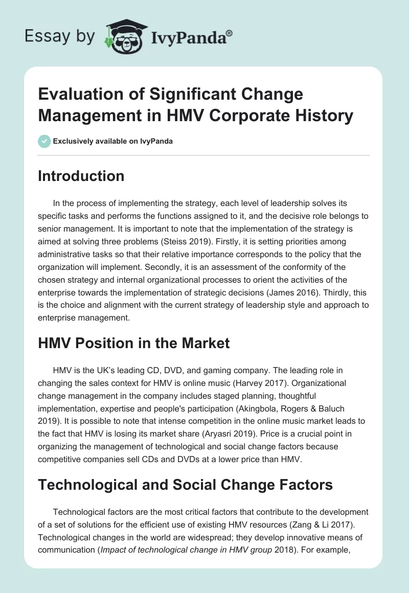 Evaluation of Significant Change Management in HMV Corporate History. Page 1