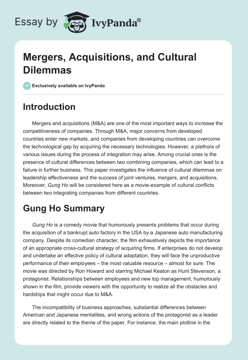 Mergers, Acquisitions, and Cultural Dilemmas. Page 1