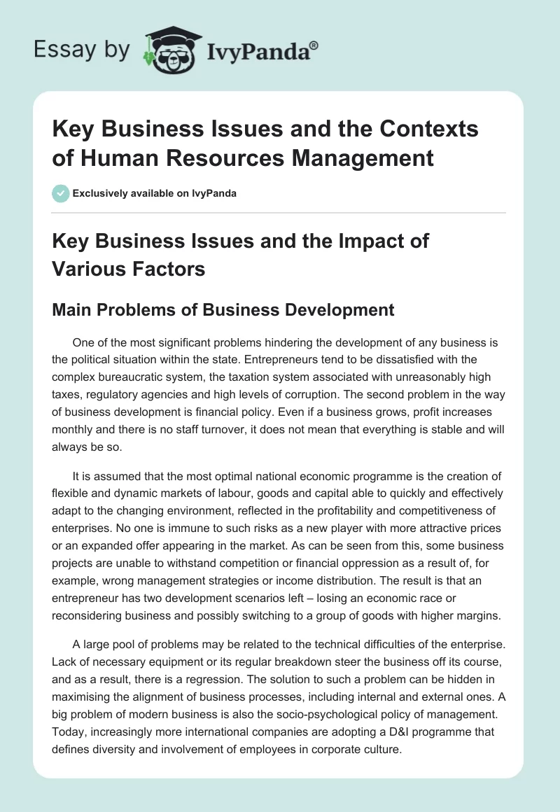 Key Business Issues and the Contexts of Human Resources Management. Page 1