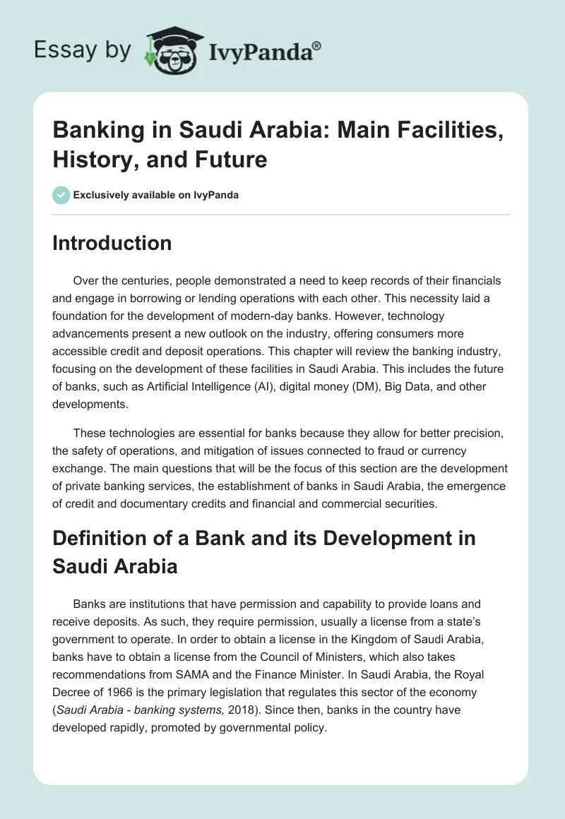 Banking in Saudi Arabia: Main Facilities, History, and Future. Page 1