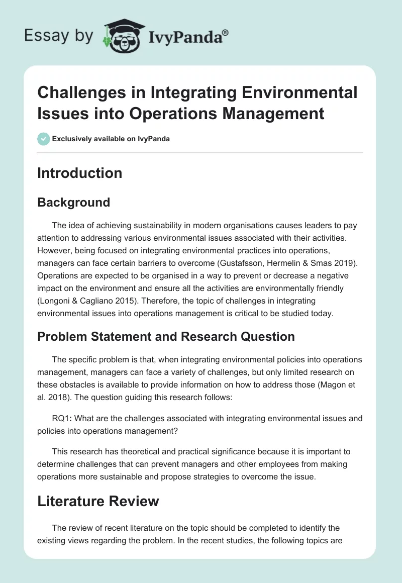 Challenges in Integrating Environmental Issues Into Operations Management. Page 1