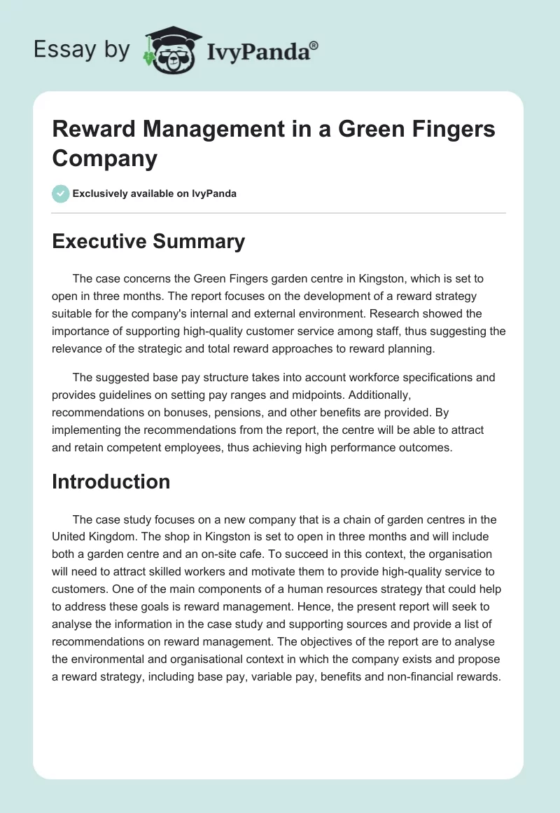 Reward Management in a Green Fingers Company. Page 1