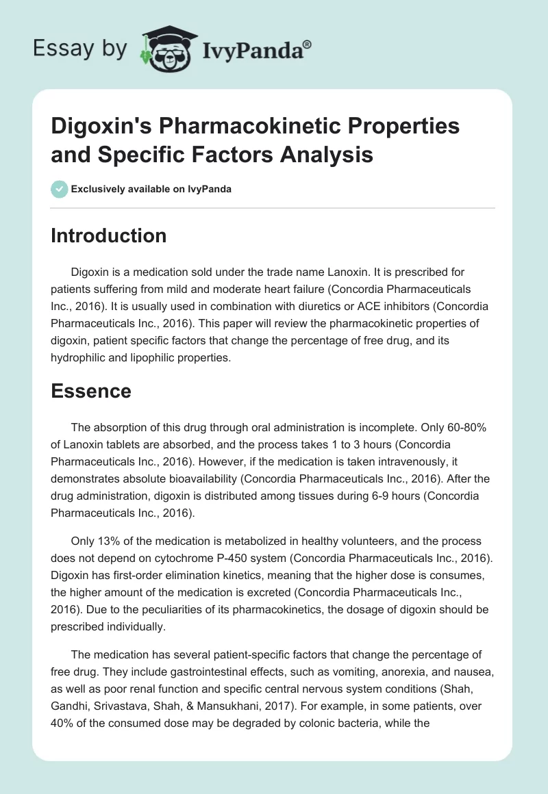 Digoxin's Pharmacokinetic Properties and Specific Factors Analysis. Page 1
