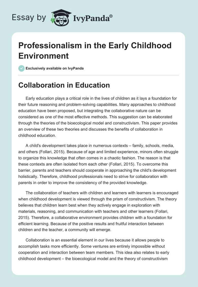 Professionalism in the Early Childhood Environment. Page 1
