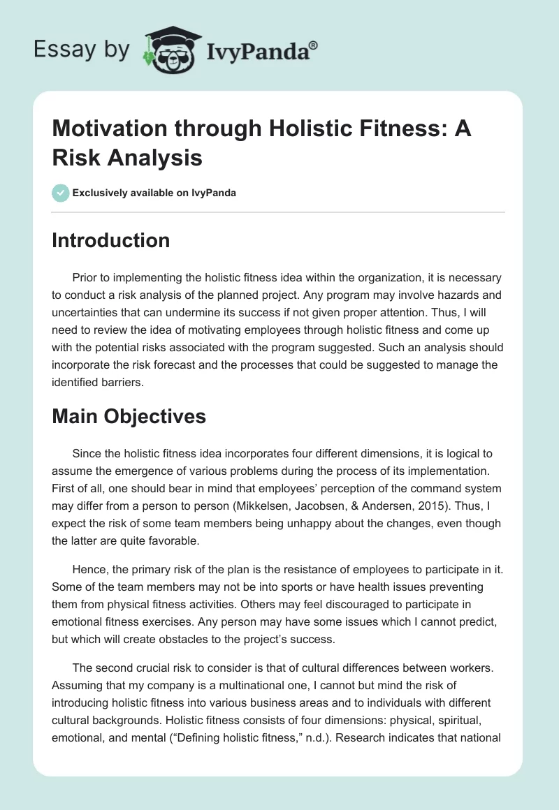 Motivation Through Holistic Fitness: A Risk Analysis. Page 1