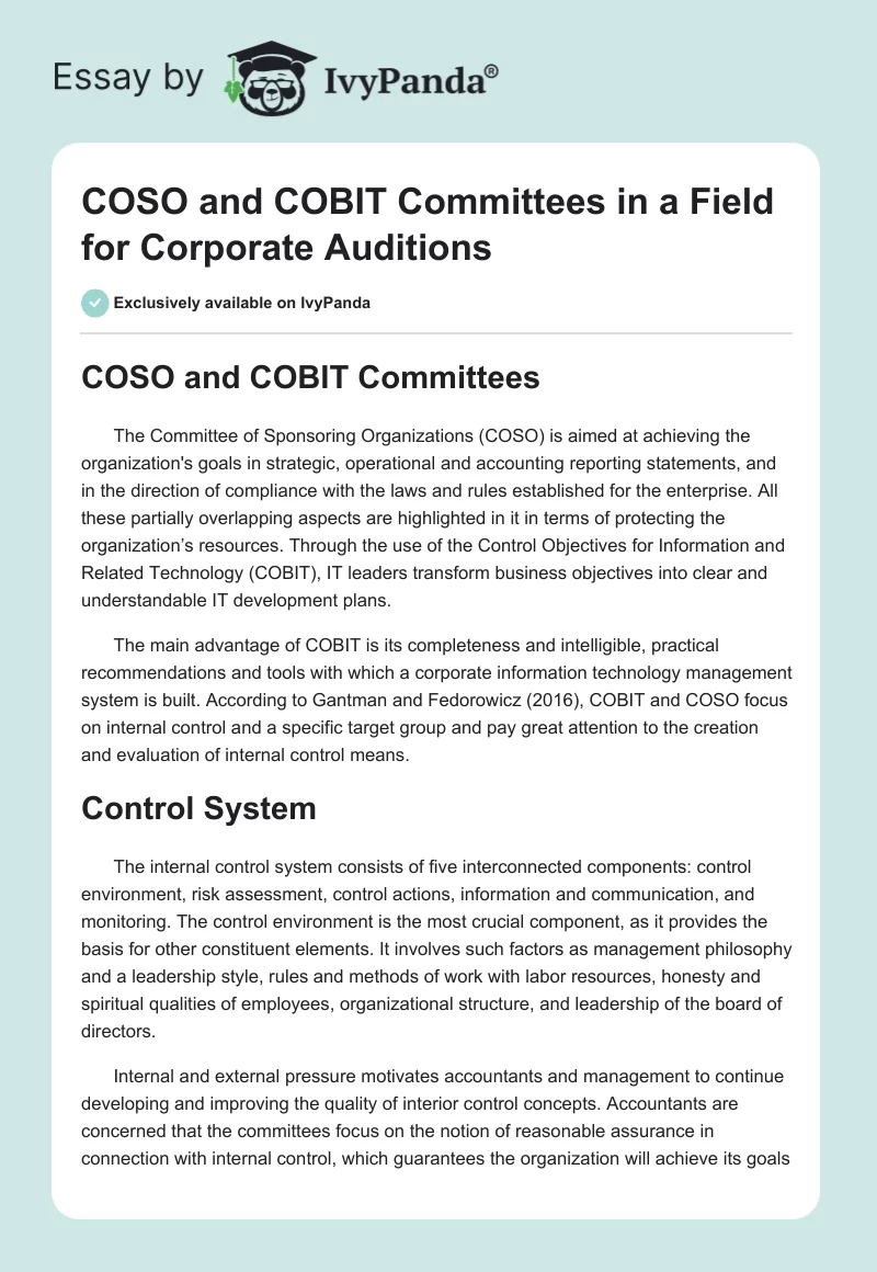 COSO and COBIT Committees in a Field for Corporate Auditions. Page 1