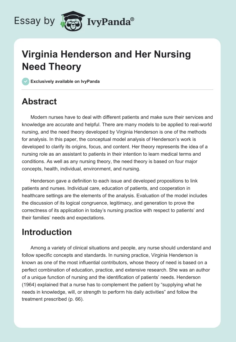 Virginia Henderson and Her Nursing Need Theory. Page 1