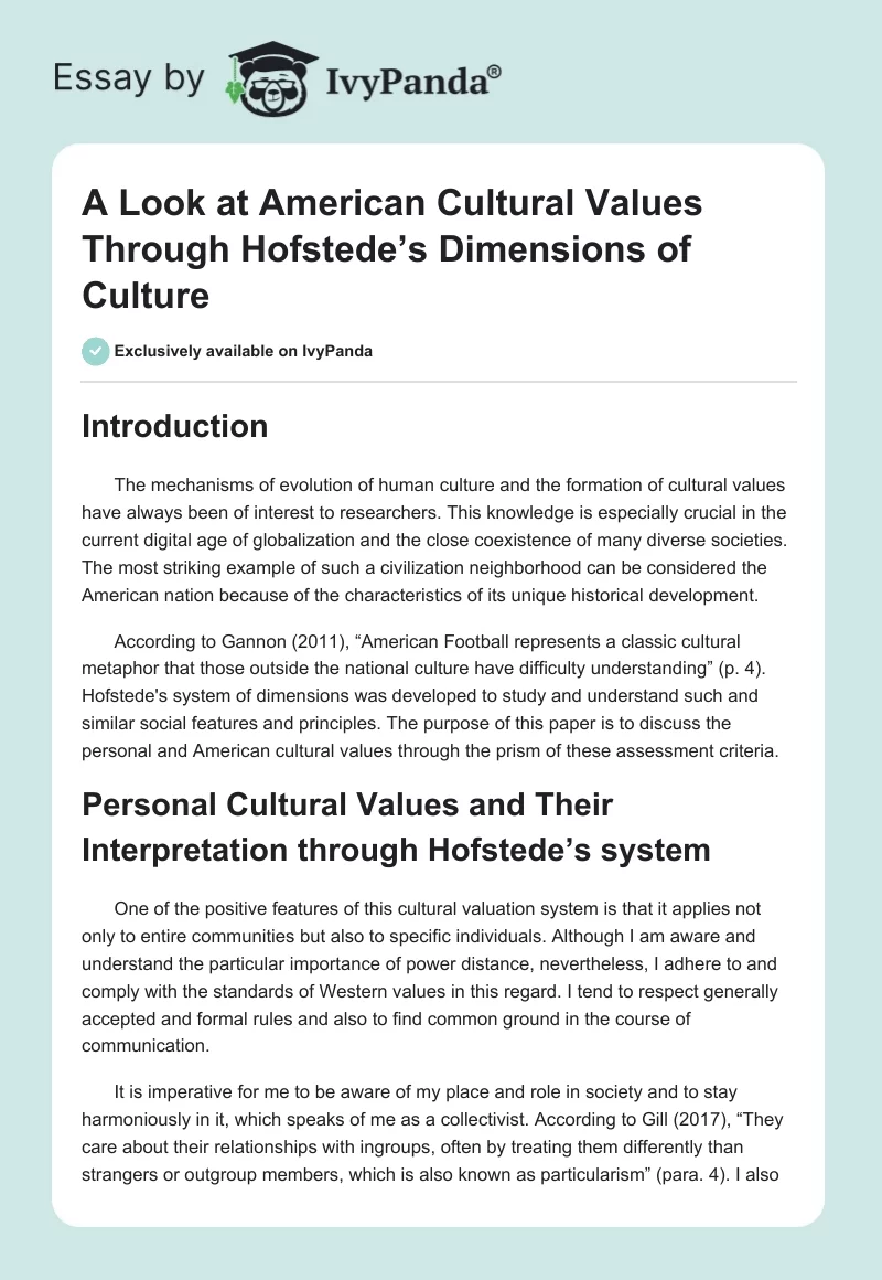 A Look at American Cultural Values Through Hofstede’s Dimensions of Culture. Page 1