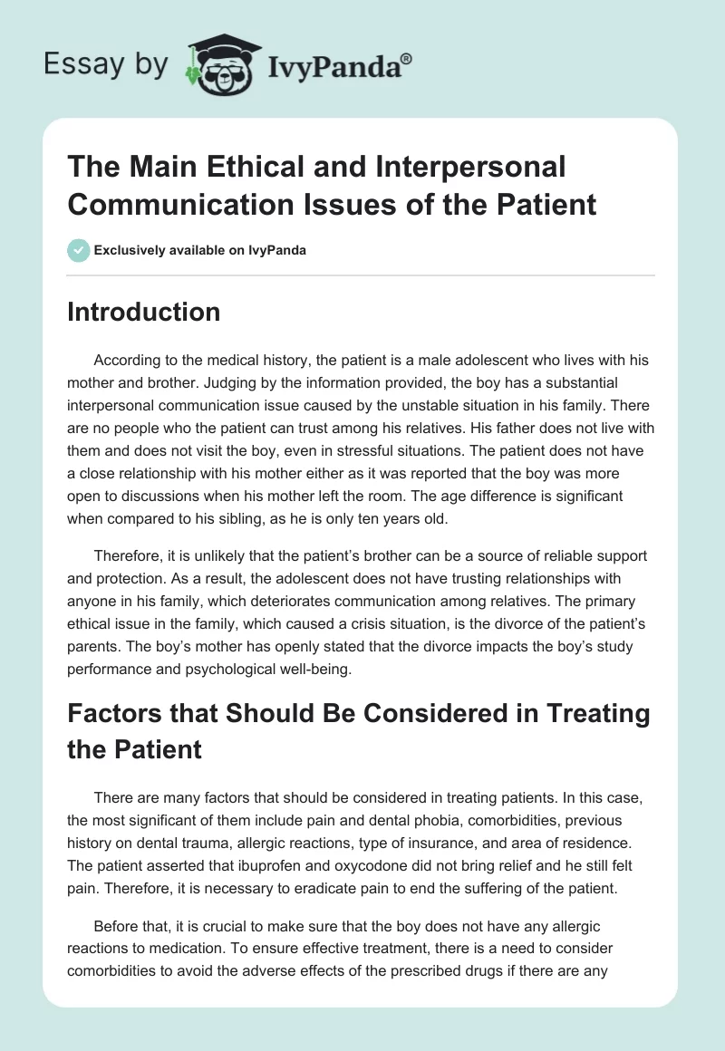 The Main Ethical and Interpersonal Communication Issues of the Patient. Page 1