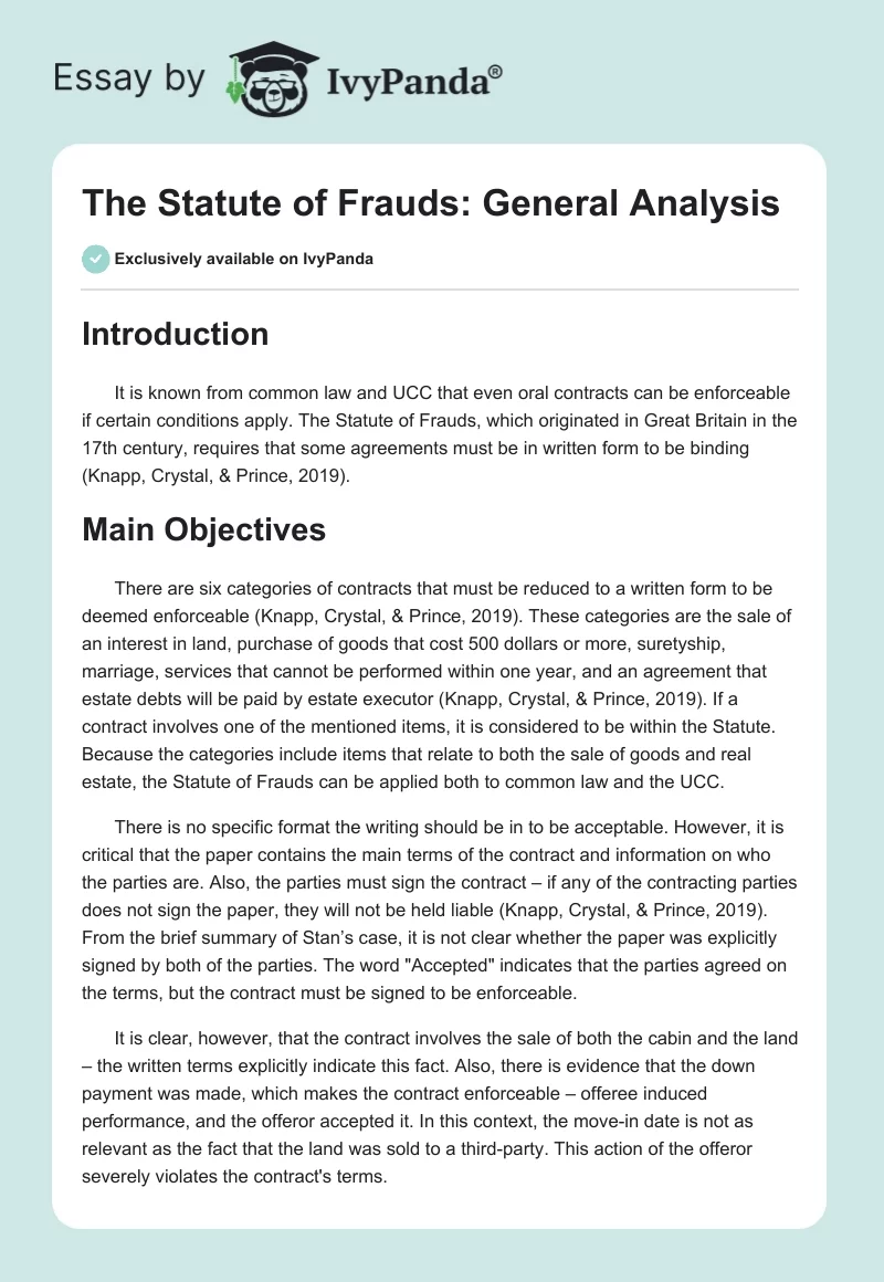 The Statute of Frauds: General Analysis. Page 1