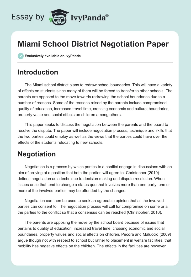 Miami School District Negotiation Paper. Page 1