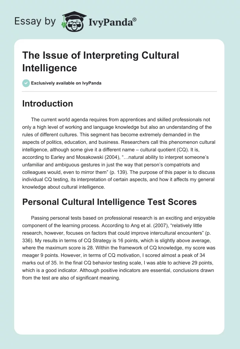 The Issue of Interpreting Cultural Intelligence. Page 1