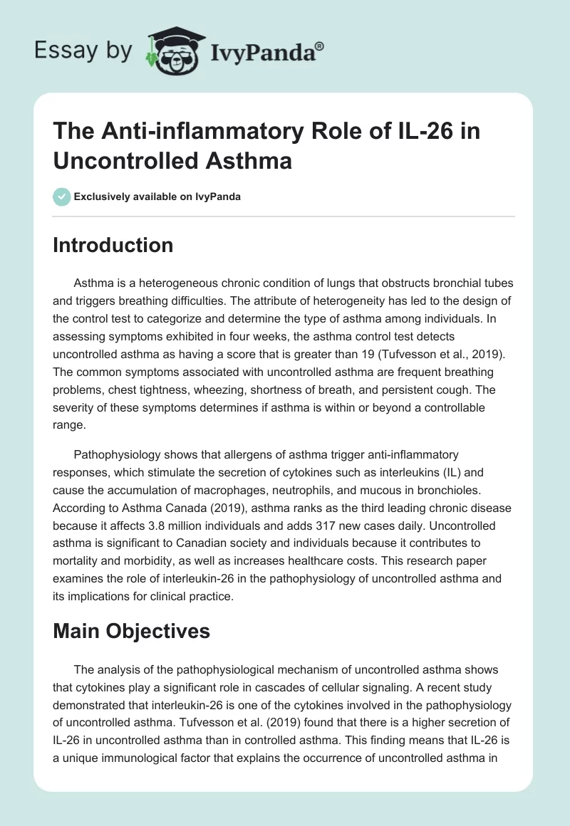 The Anti-Inflammatory Role of IL-26 in Uncontrolled Asthma. Page 1