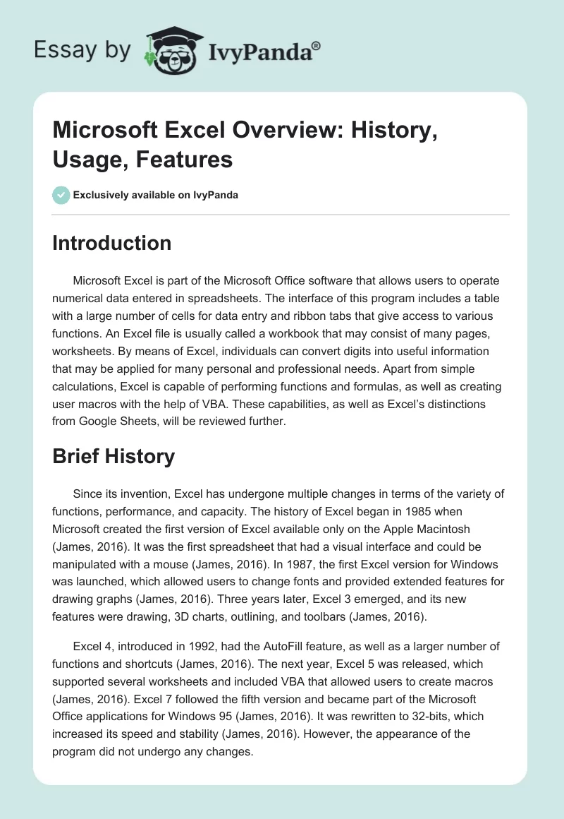 Microsoft Excel Overview: History, Usage, Features. Page 1
