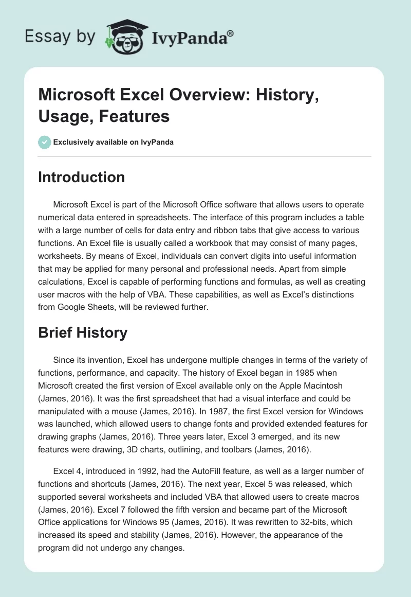 Microsoft Excel, Description & History