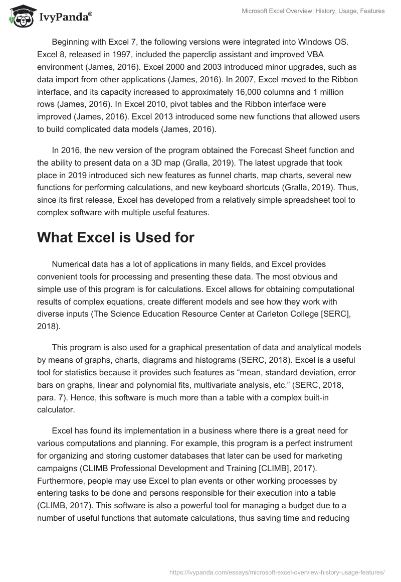 Microsoft Excel Overview: History, Usage, Features. Page 2