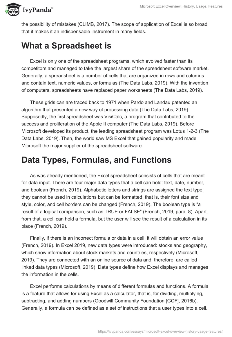 Microsoft Excel Overview: History, Usage, Features. Page 3