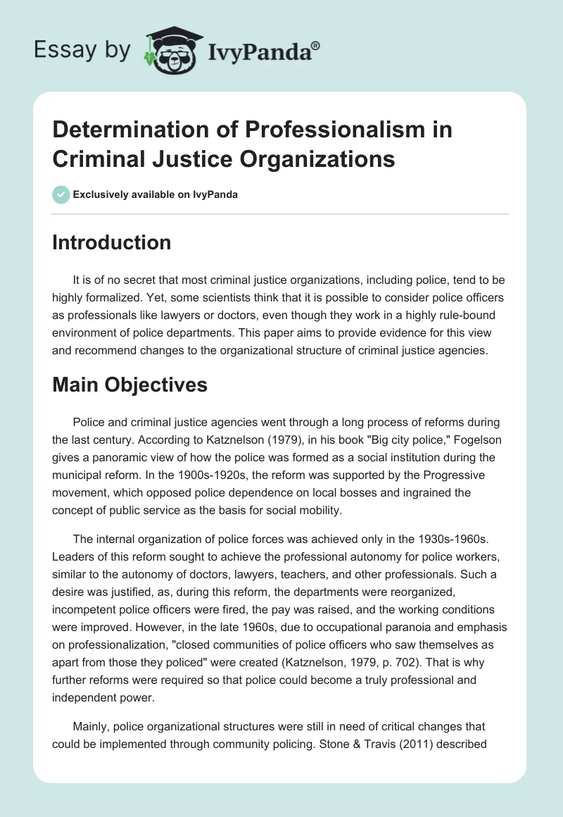 Determination of Professionalism in Criminal Justice Organizations. Page 1