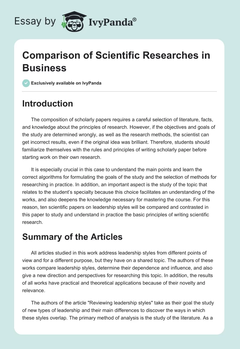 Comparison of Scientific Researches in Business. Page 1
