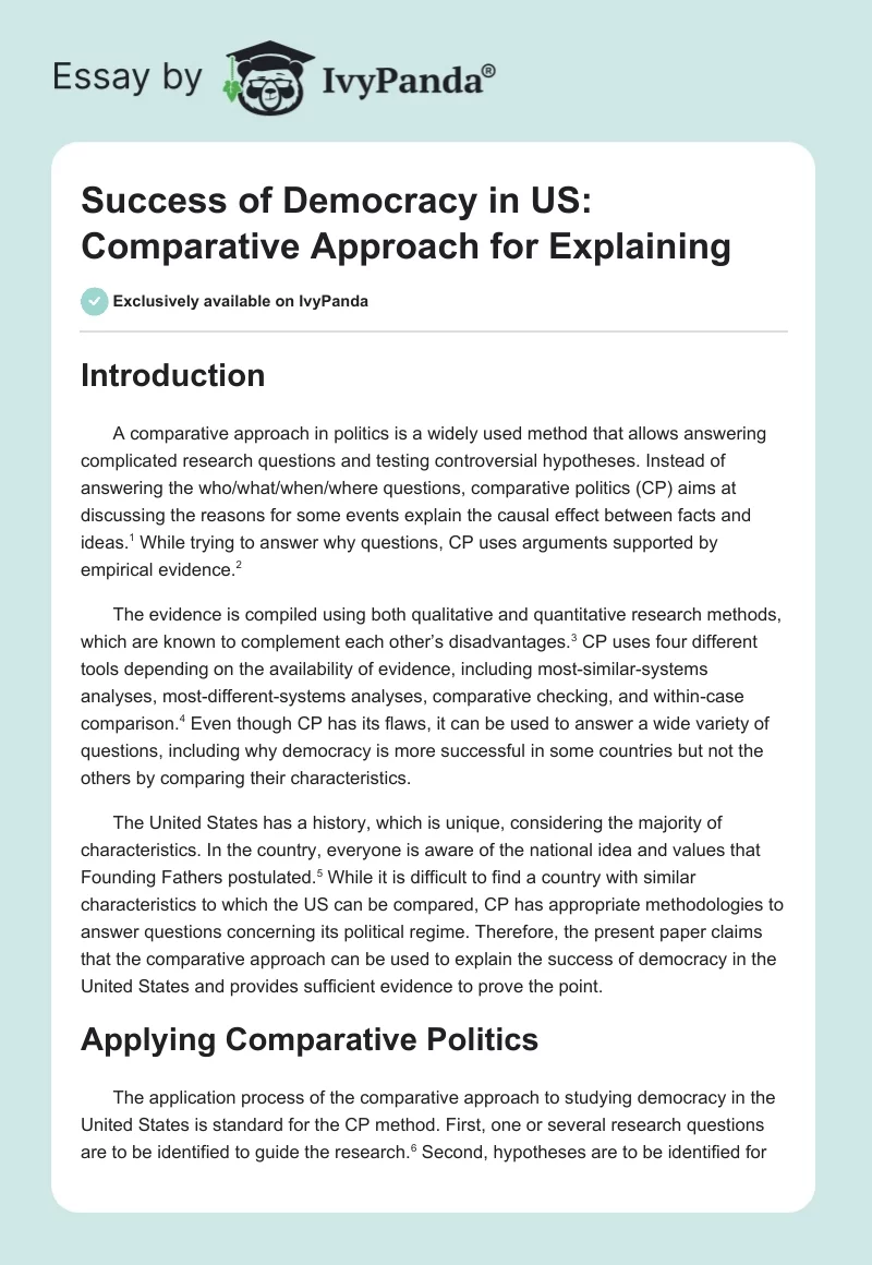 Success of Democracy in US: Comparative Approach for Explaining. Page 1