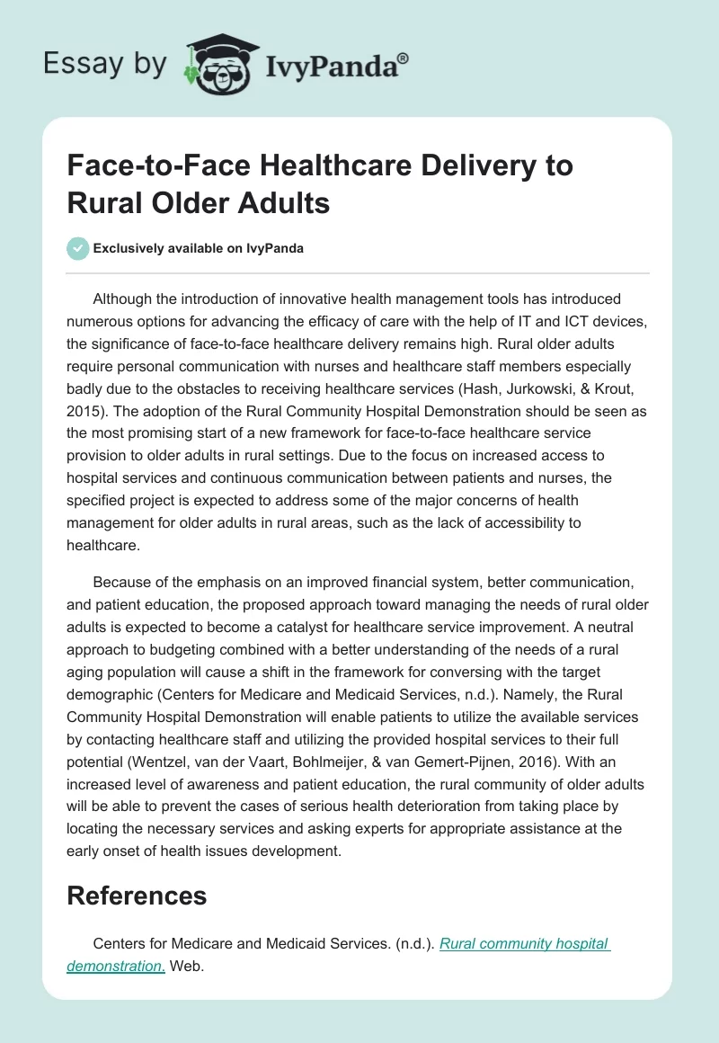 Face-to-Face Healthcare Delivery to Rural Older Adults. Page 1