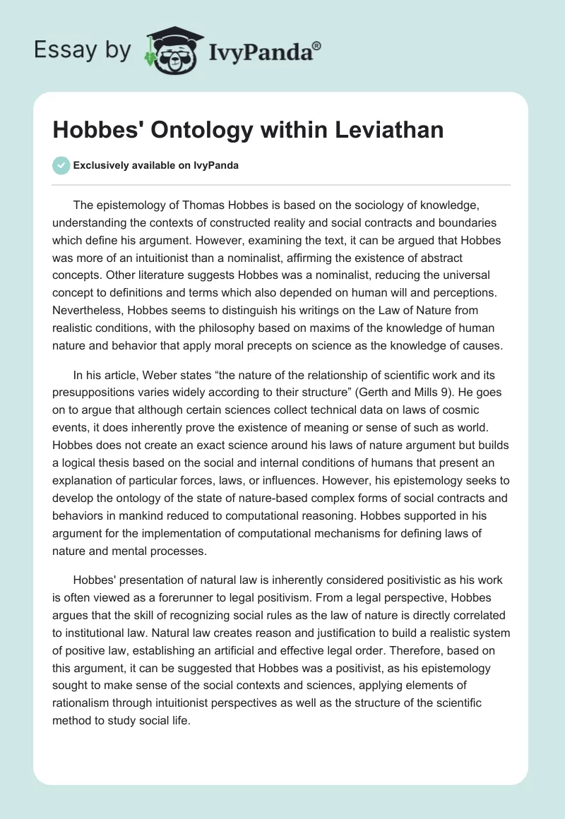 Hobbes' Ontology within "Leviathan". Page 1