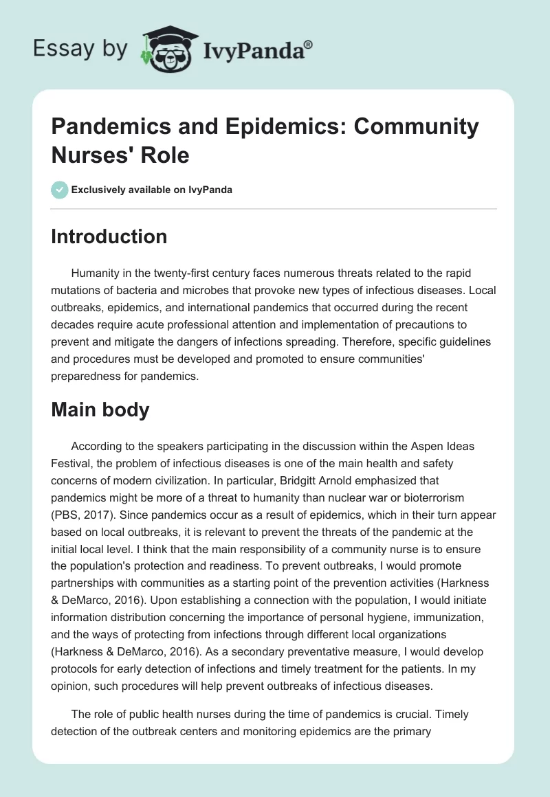 Pandemics and Epidemics: Community Nurses' Role. Page 1