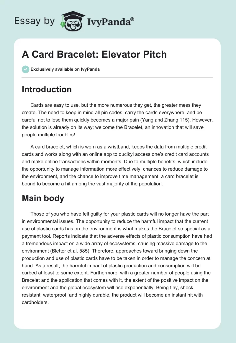 A Card Bracelet: Elevator Pitch. Page 1