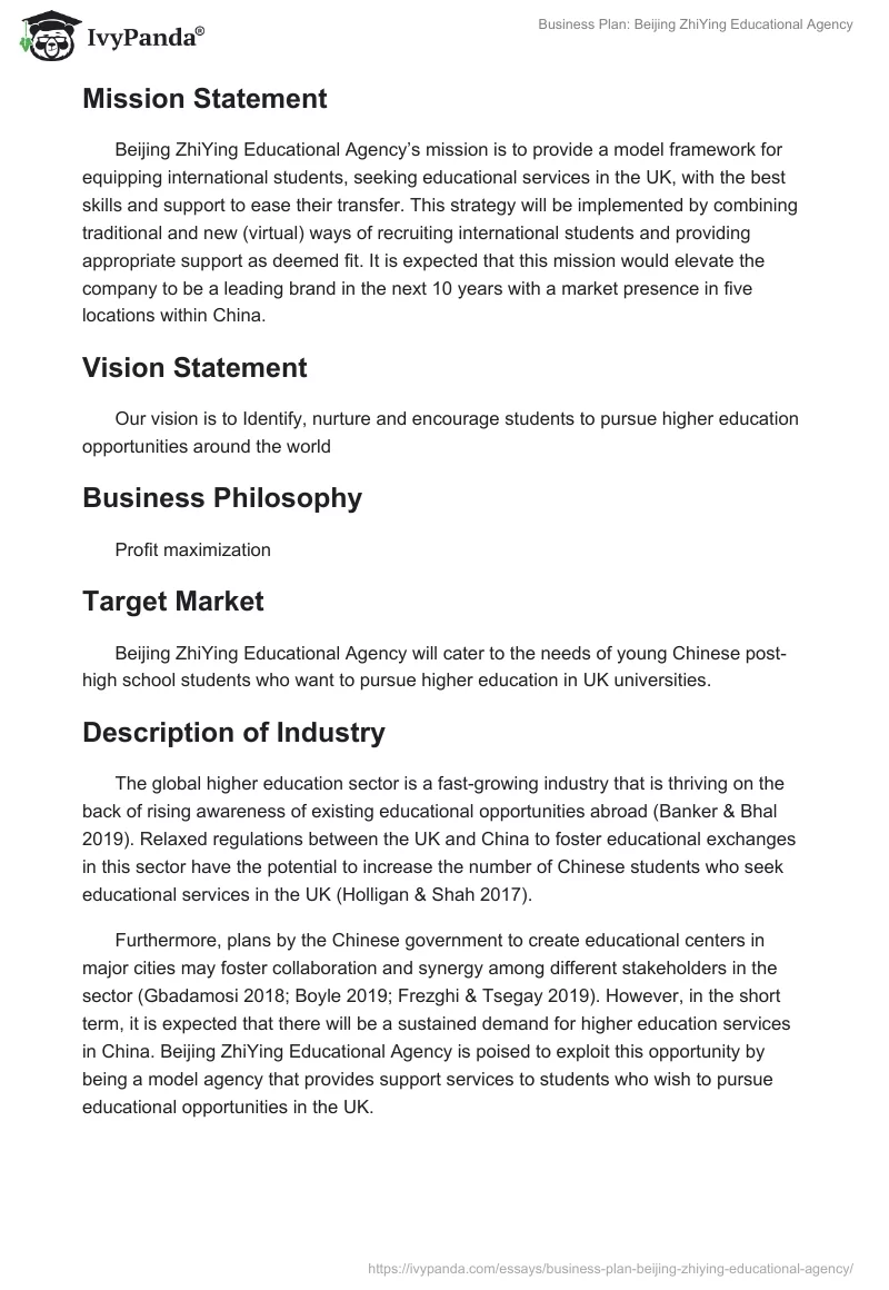 Business Plan: Beijing ZhiYing Educational Agency. Page 3