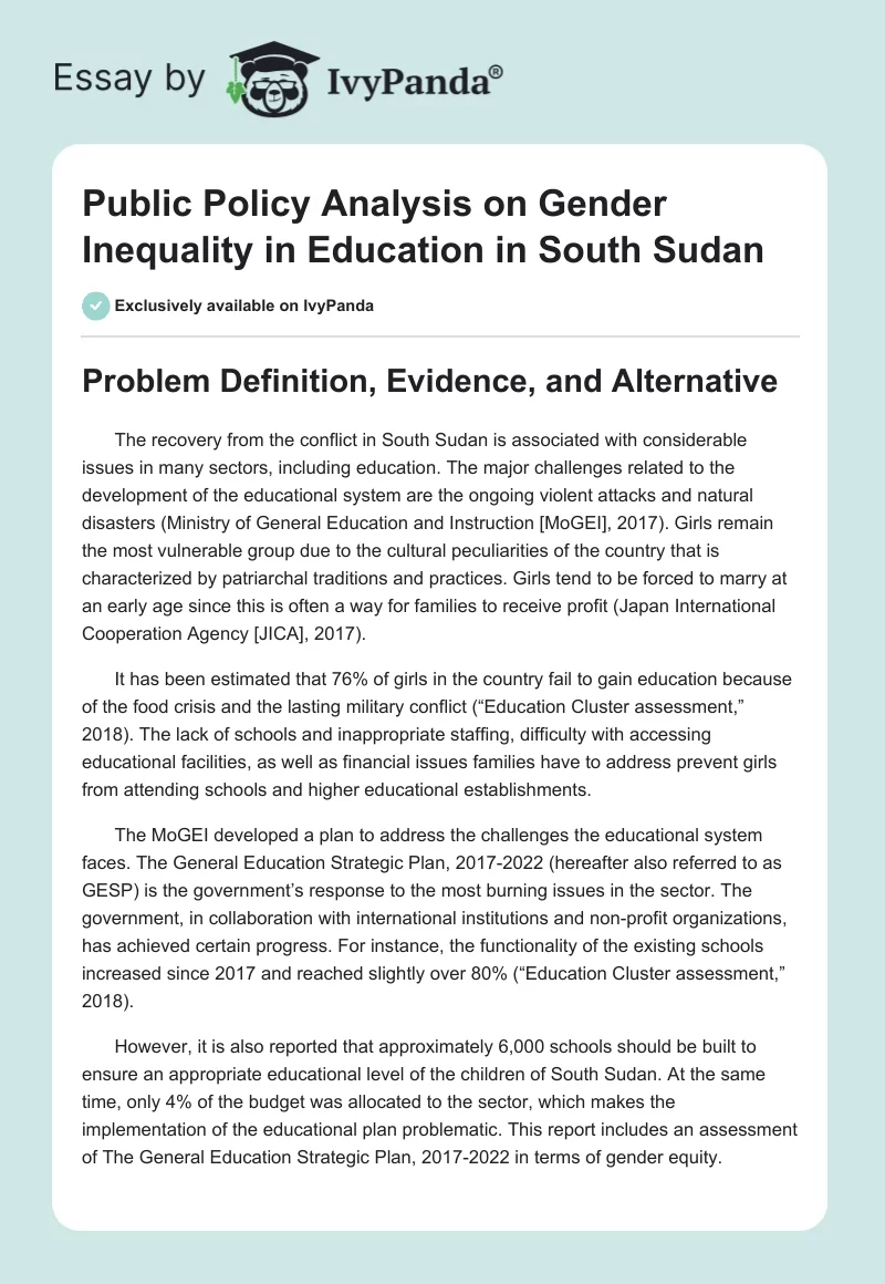 Public Policy Analysis on Gender Inequality in Education in South Sudan. Page 1