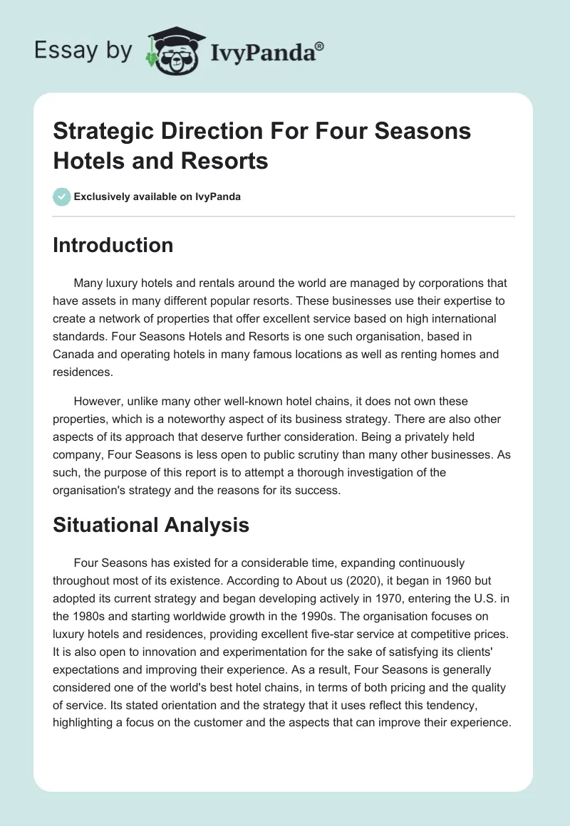 Strategic Direction For Four Seasons Hotels and Resorts. Page 1