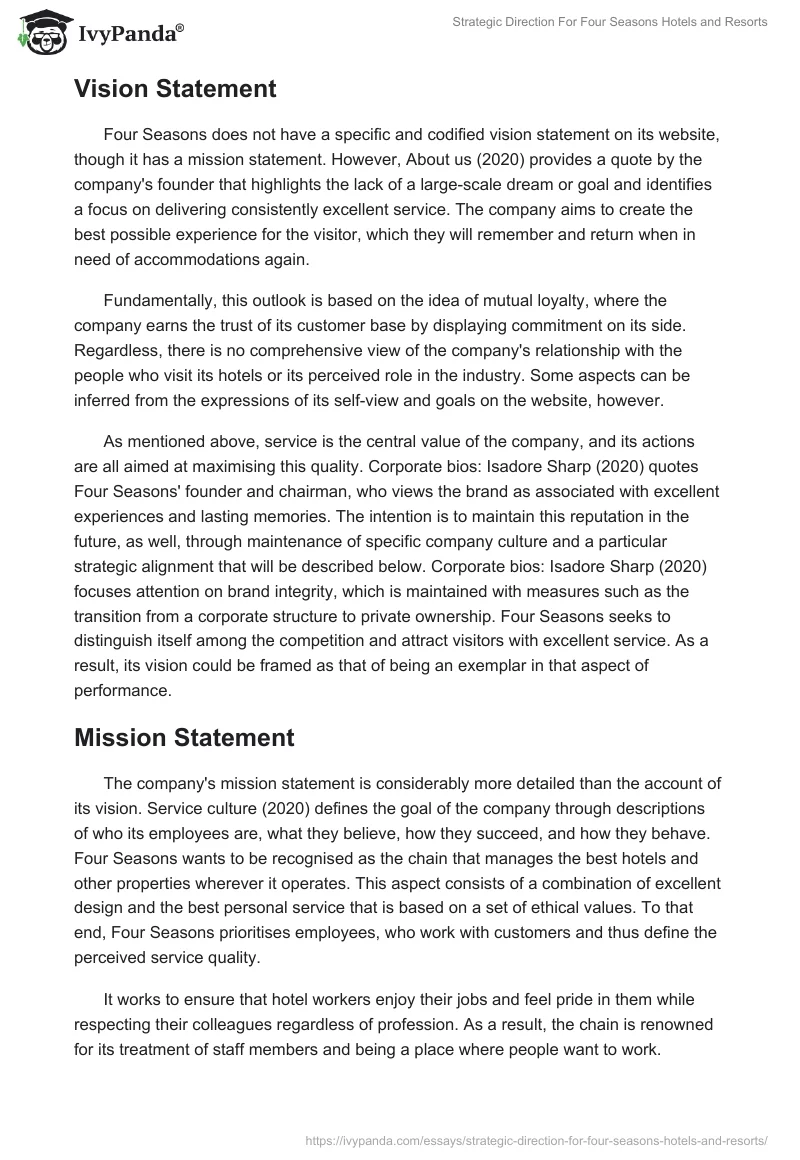 Strategic Direction For Four Seasons Hotels and Resorts. Page 2