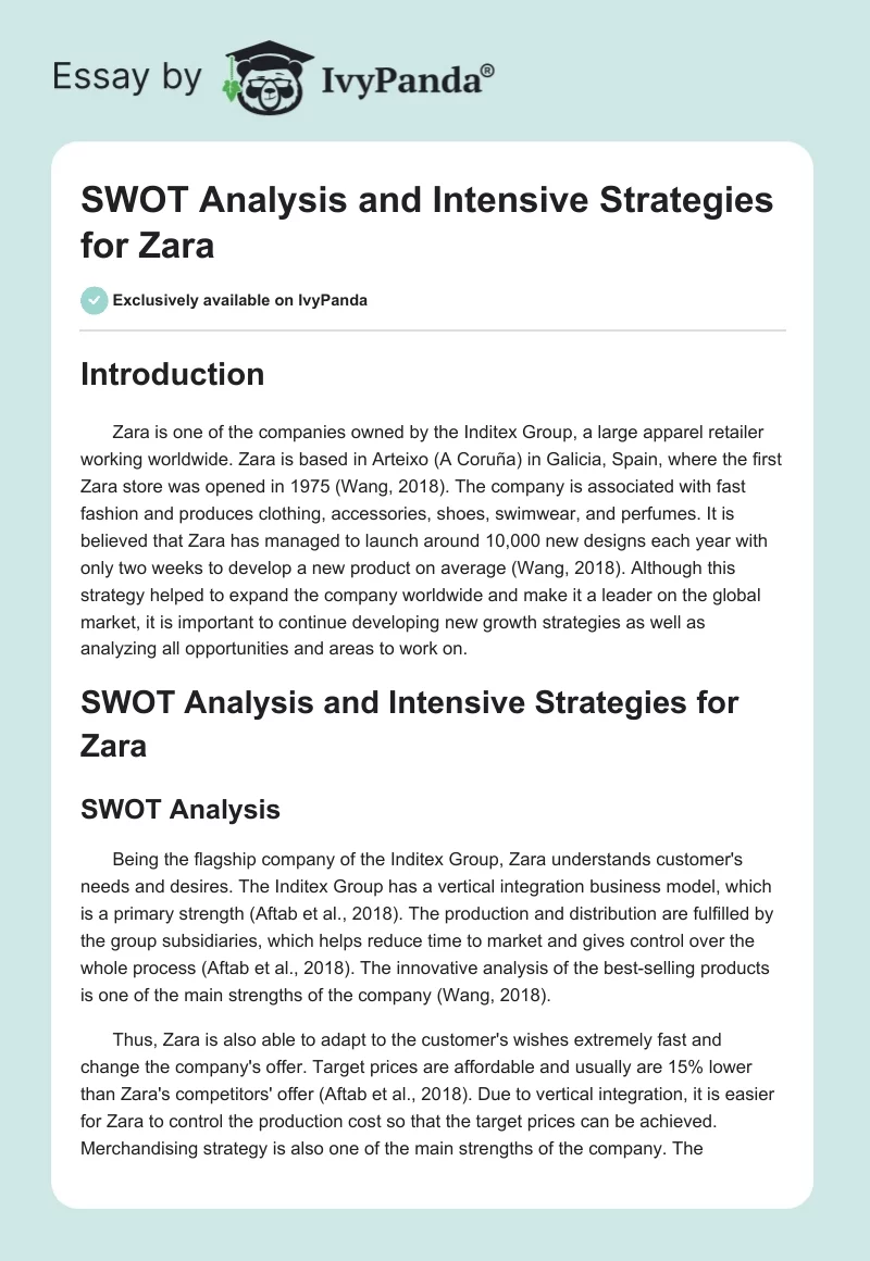 SWOT Analysis and Intensive Strategies for Zara. Page 1
