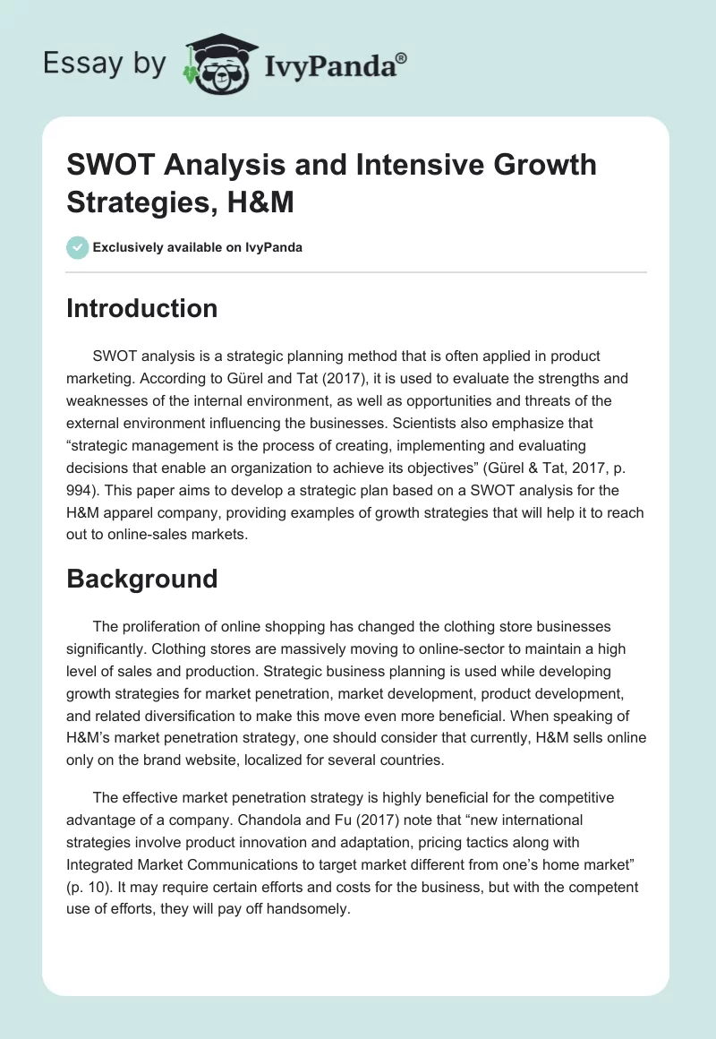 SWOT Analysis and Intensive Growth Strategies, H&M. Page 1