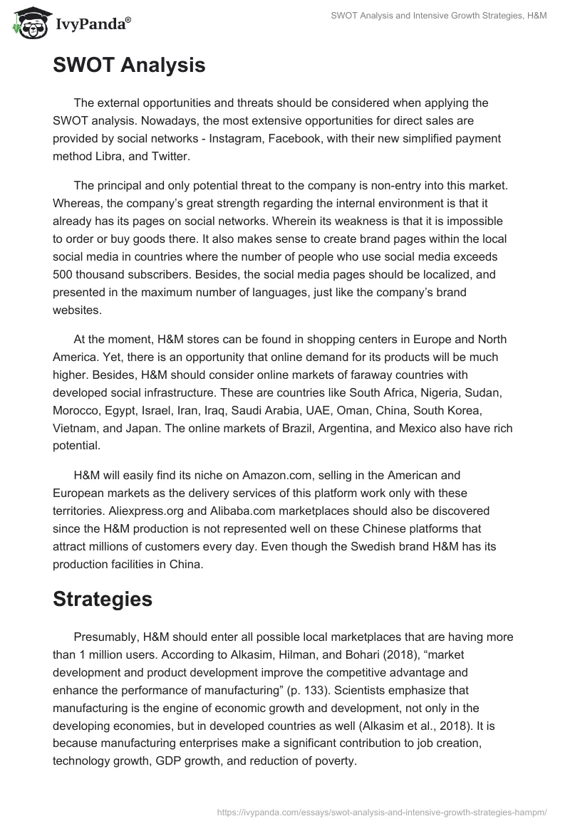 SWOT Analysis and Intensive Growth Strategies, H&M. Page 2