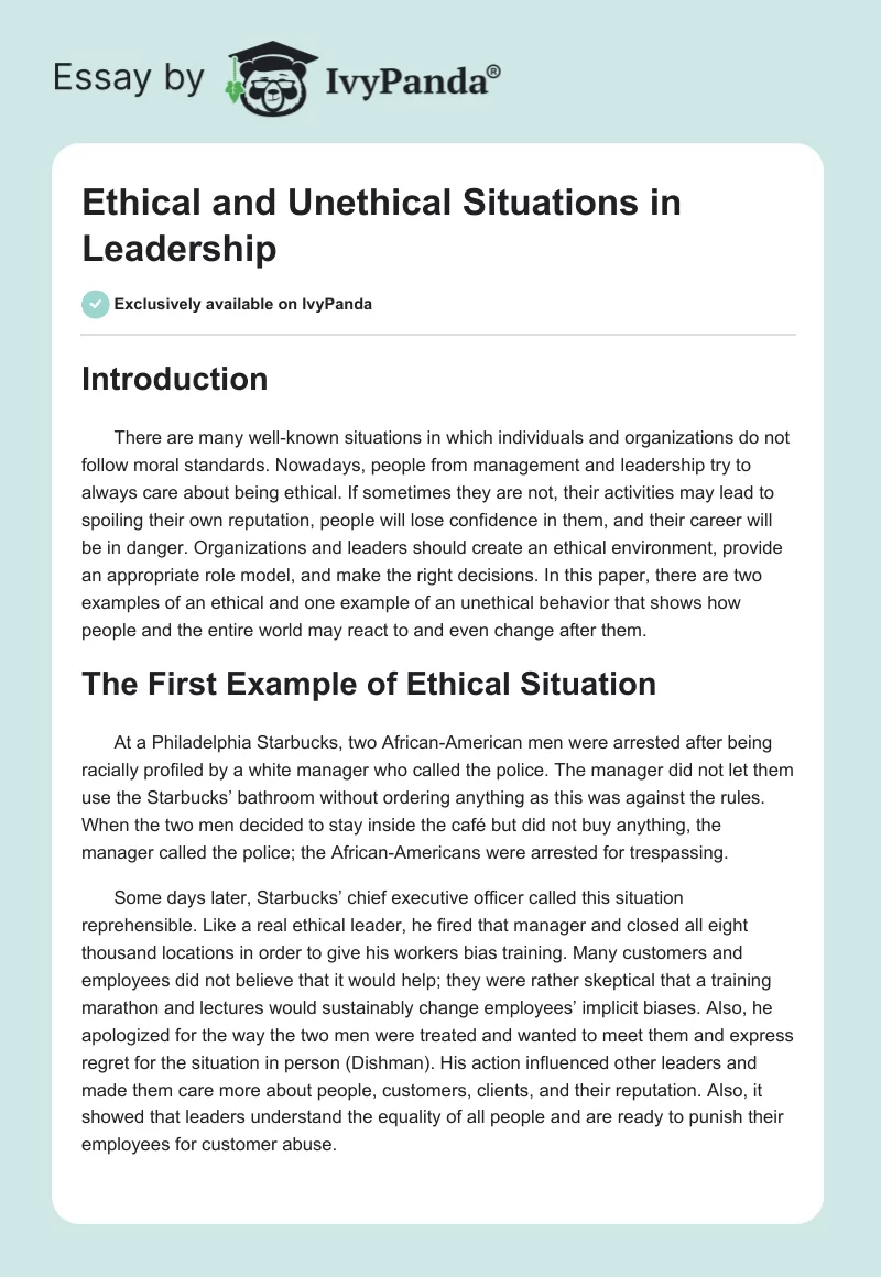 Ethical and Unethical Situations in Leadership. Page 1