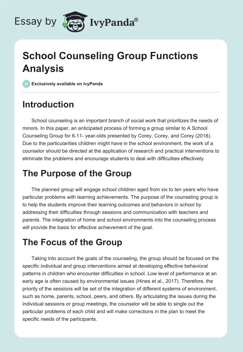 School Counseling Group Functions Analysis. Page 1