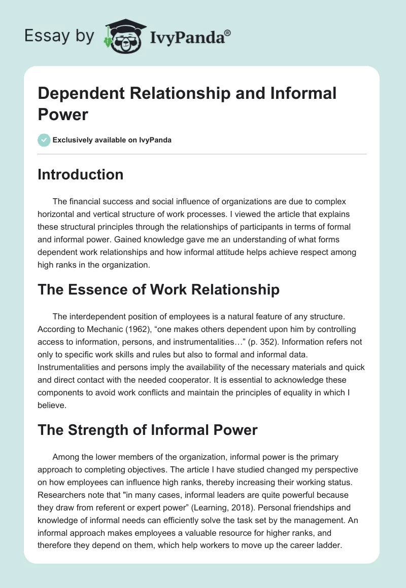 Dependent Relationship and Informal Power. Page 1