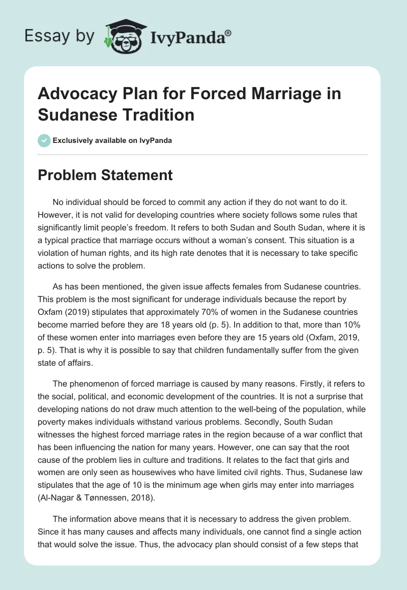 Advocacy Plan for Forced Marriage in Sudanese Tradition. Page 1