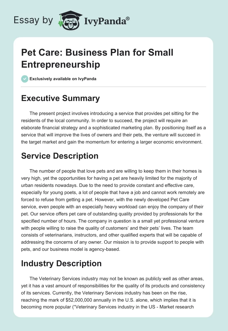 Pet Care: Business Plan for Small Entrepreneurship. Page 1